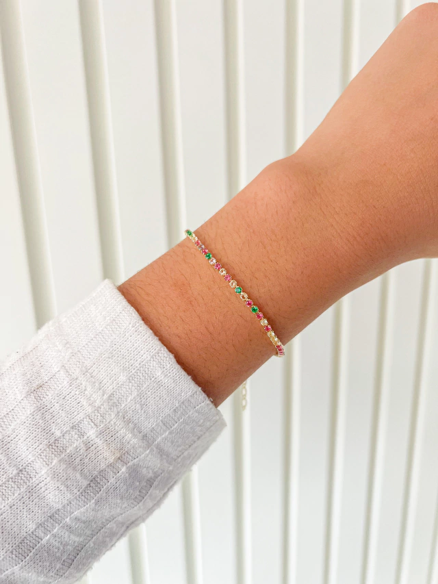 Pulseira Riviera Colorida Banho Dourado