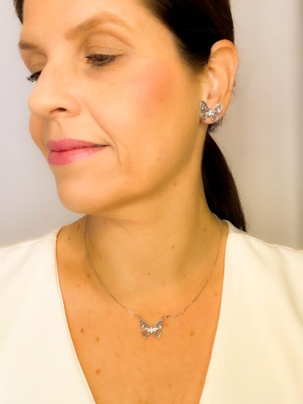 Conjunto Borboleta com Navete e Cristal Azul Banho Branco - Image 2