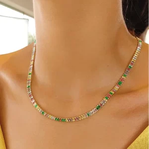 Colar Riviera de Baguetes Coloridas Banho Dourado