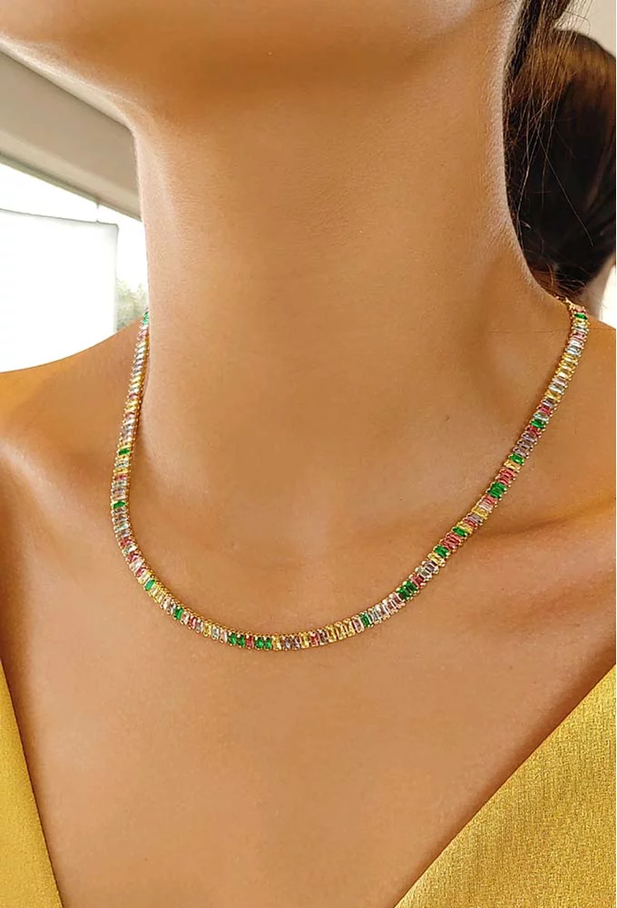 Colar Riviera de Baguetes Coloridas Banho Dourado