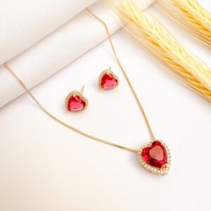 Conjunto Coração Rubi Cravejado Banho Dourado