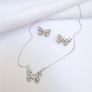Conjunto Borboleta com Navete e Cristal Azul Banho Branco