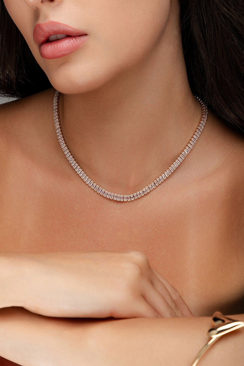 Choker Riviera Baguete Com Cristal Banho Dourado