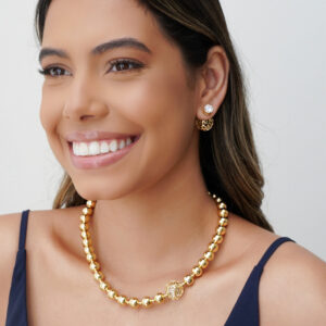 Brinco Dior Ponto de Luz Bola Tela Banho Dourado