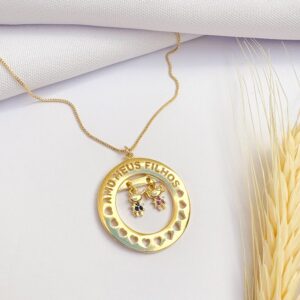 Colar Mandala Amo Meus Filhos Casal Banho Dourado