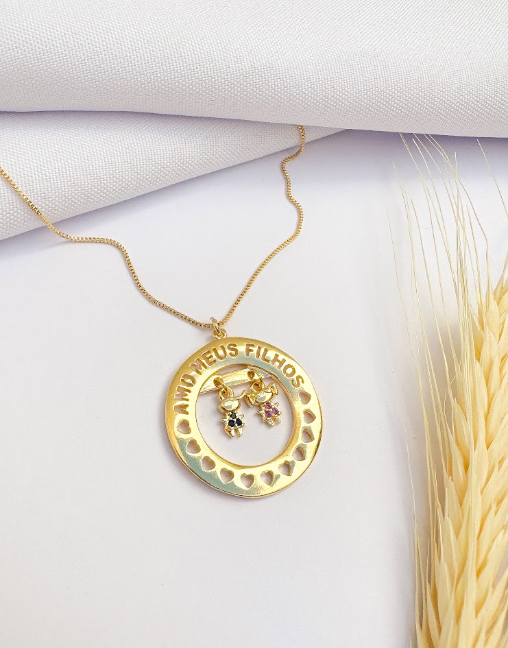 Colar Mandala Amo Meus Filhos Casal Banho Dourado