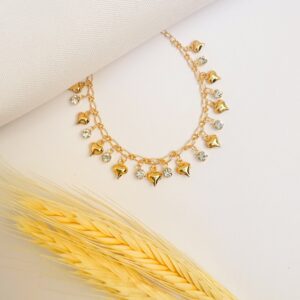 Pulseira com Corações e Cristais Banho Dourado