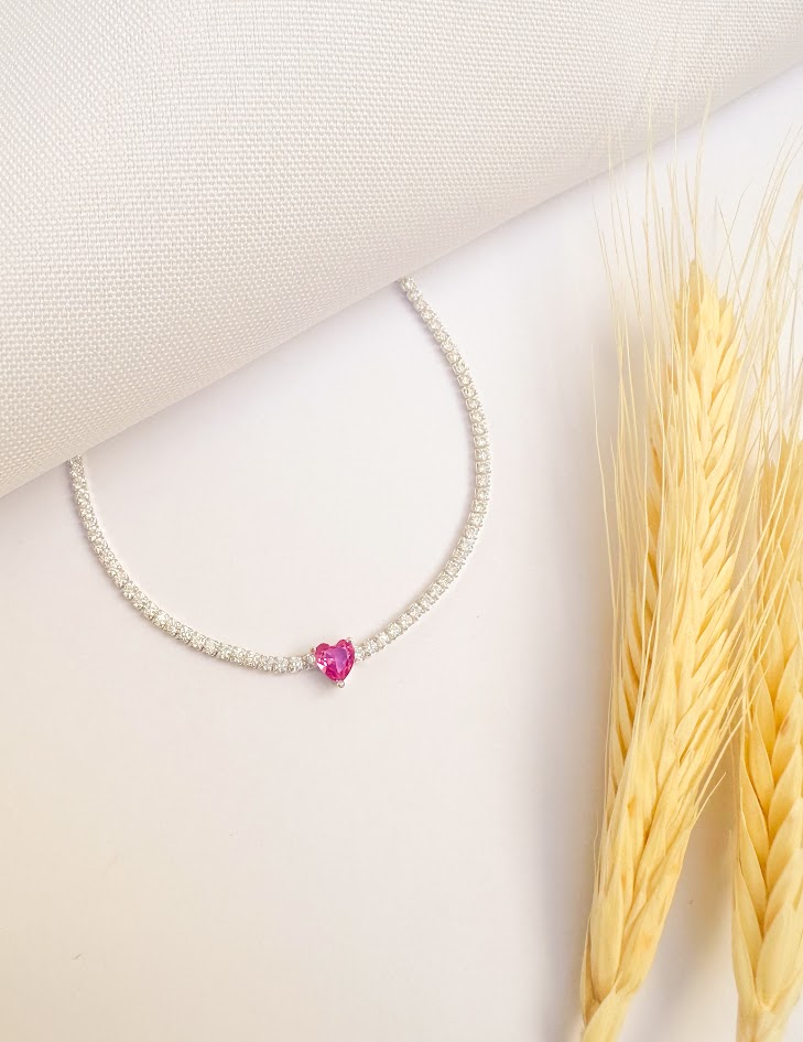 Pulseira Riviera Coração Pink com Zircônias Prata 925