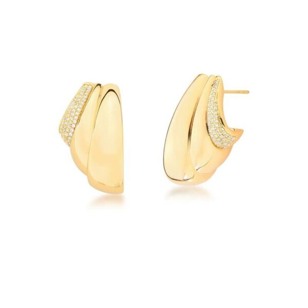 Brinco Meia Argola Curva e Lisa com Zircônias Brancas Banho Dourado - Image 2