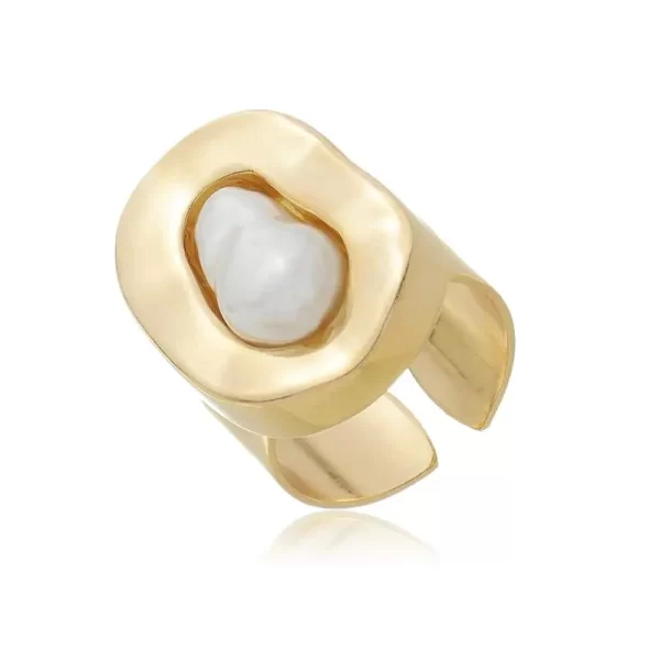 Anel Regulável Oval Orgânico com Pérola Rústica Banho Dourado - Image 3