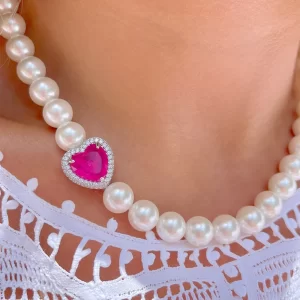 Colar Coração Fusion Turmalina Rosa com Pérola Shell Banho Branco