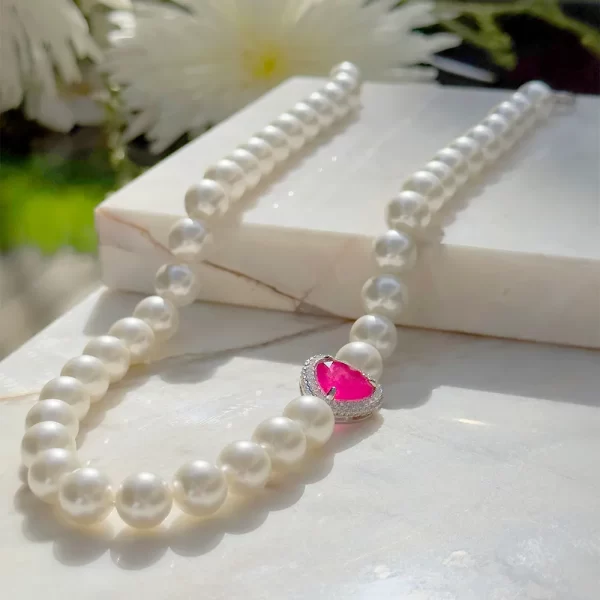 Colar Coração Fusion Turmalina Rosa com Pérola Shell Banho Branco - Image 2