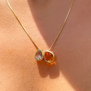 Colar Cristal Gotas Tanzanita e Citrino Banho Dourado