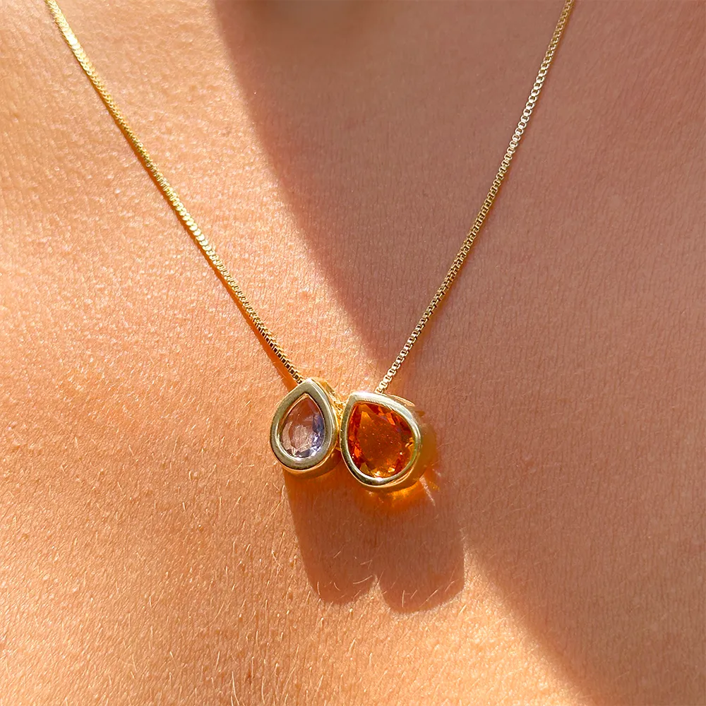 Colar Cristal Gotas Tanzanita e Citrino Banho Dourado