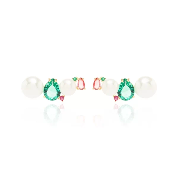 Brinco Ear Cuff Pérola Shell Gota Cristal Paraíba Banho Dourado - Image 2