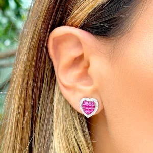 Brinco Coração Mosaico Cristal Turmalina Rosa Banho Branco