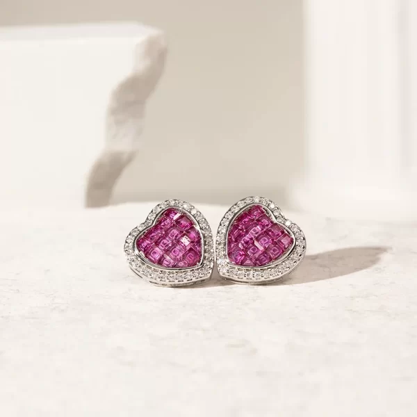 Brinco Coração Mosaico Cristal Turmalina Rosa Banho Branco - Image 2