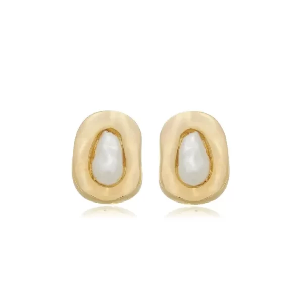 Brinco Oval Orgânico com Pérola Rústica Banho Dourado - Image 3