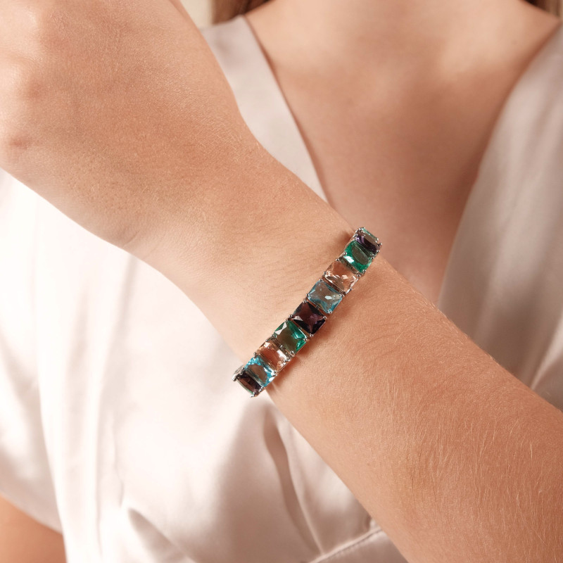 Pulseira Retângulos e Baguetes Coloridos Banho Branco
